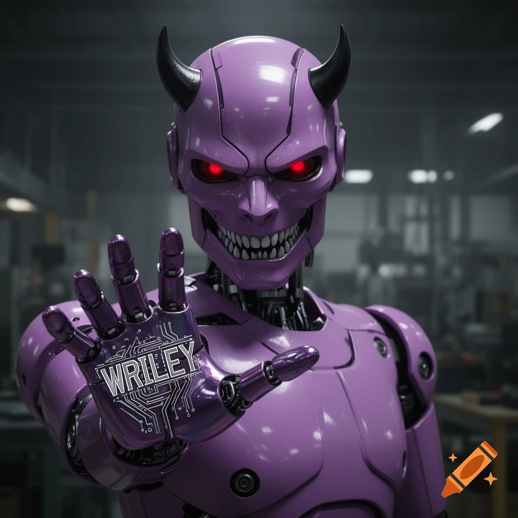 A vibrant lilac robot with devil horns, glowing red eyes, and sharp teeth holds out an open hand with 'WRILEY' on a circuit board design.
