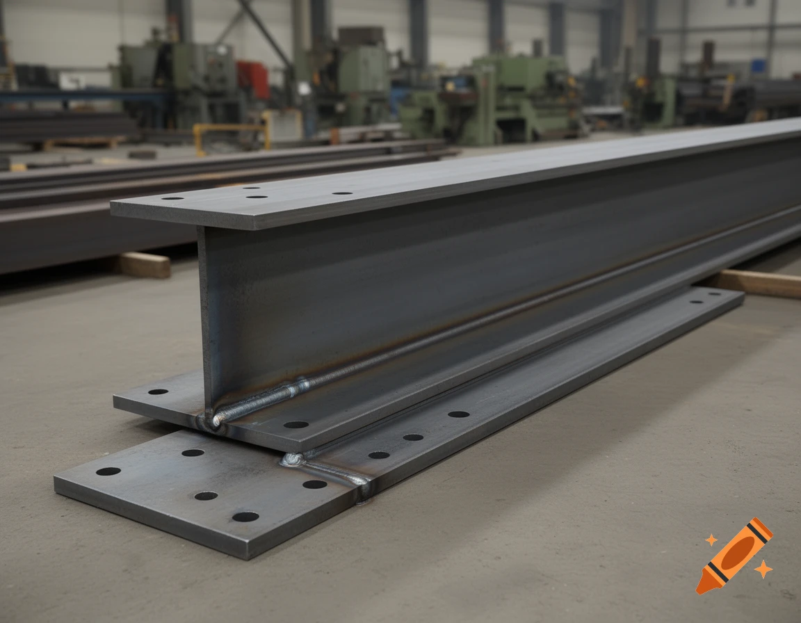 A dark gray I-beam is welded to a flat metal base plate with pre-drilled holes, in a factory setting.