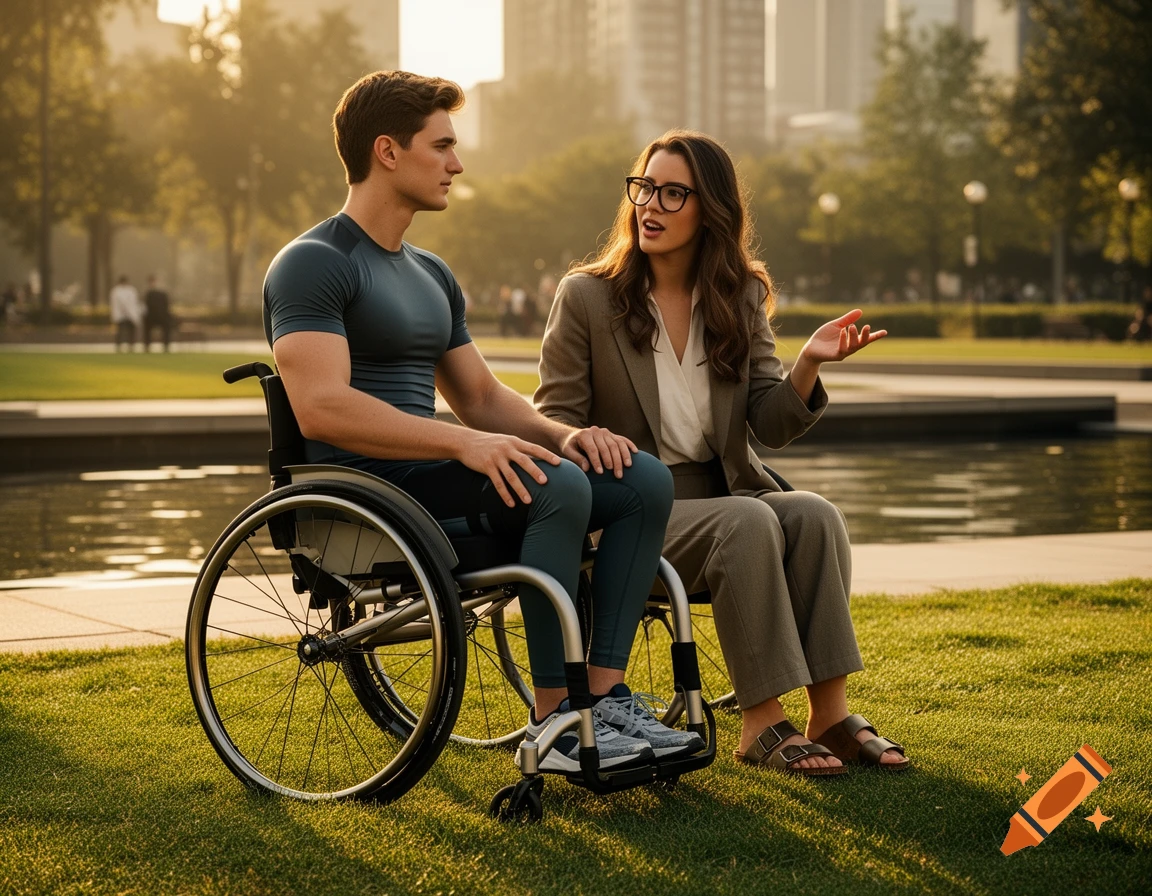 A man in a wheelchair and a woman wearing glasses sit and talk in a sunny park with water in the background.