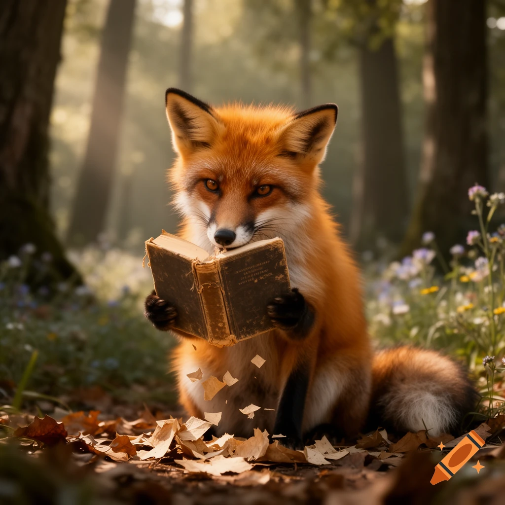 A photorealistic image of a red fox sitting in a forest, holding an old book in its paws and appearing to chew on it.