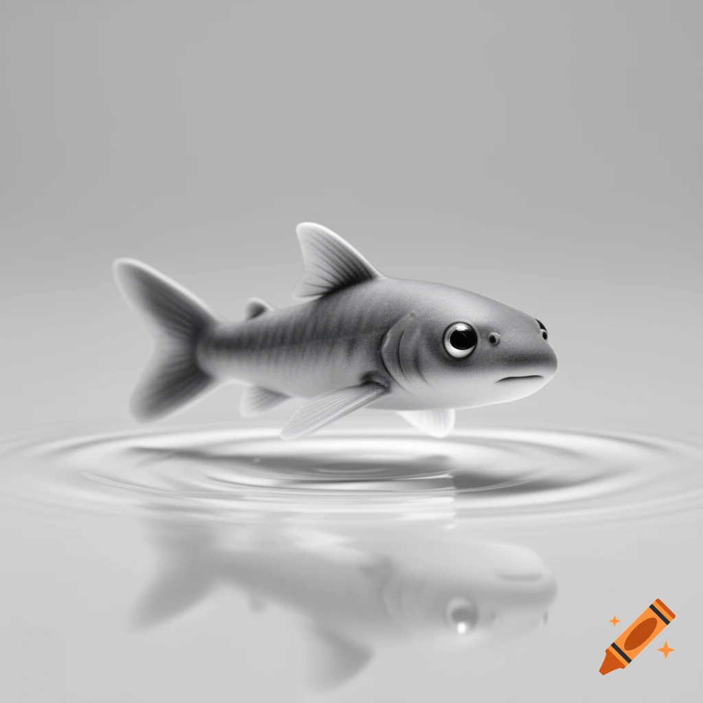 A cute, stylized gray fish floats above rippling water, with its reflection visible below.