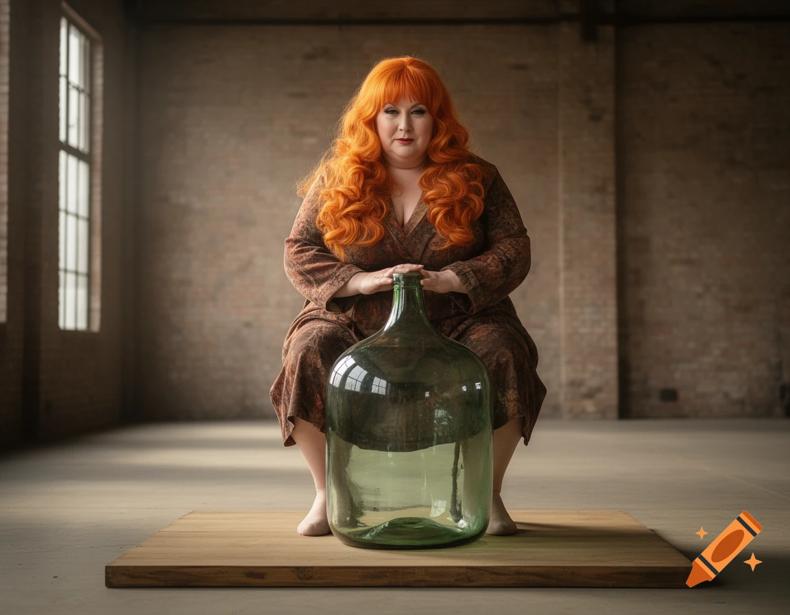 A woman with vibrant red hair sits with a large green glass bottle in an empty, industrial-style room.