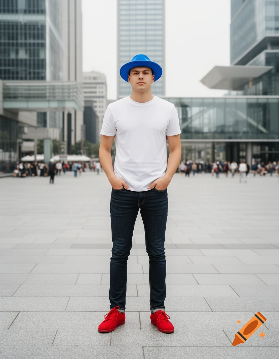 A young man in a white t-shirt, dark jeans, red shoes, and a blue fedora stands in a city square.