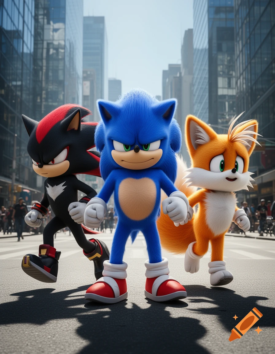 Sonic, Shadow, and Tails from the Sonic movie stand together on a city street with tall buildings in the background.