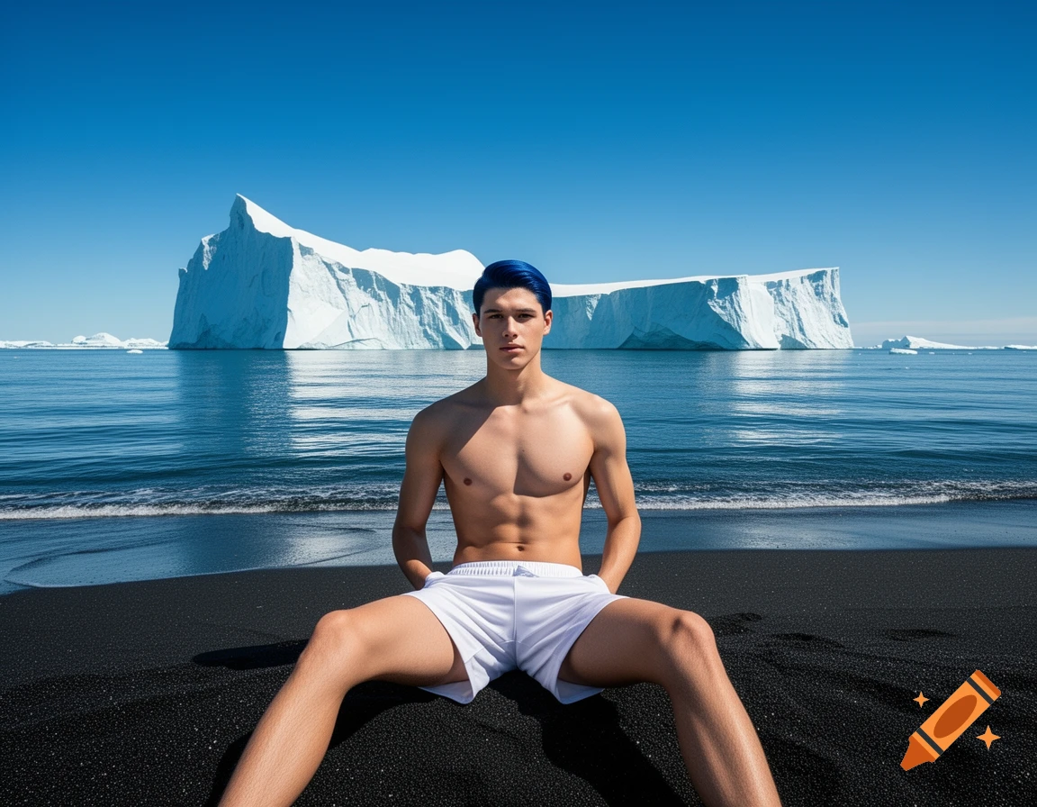 A bare-chested young man with blue hair in white shorts sits on a black sand beach with a large iceberg in the sea.