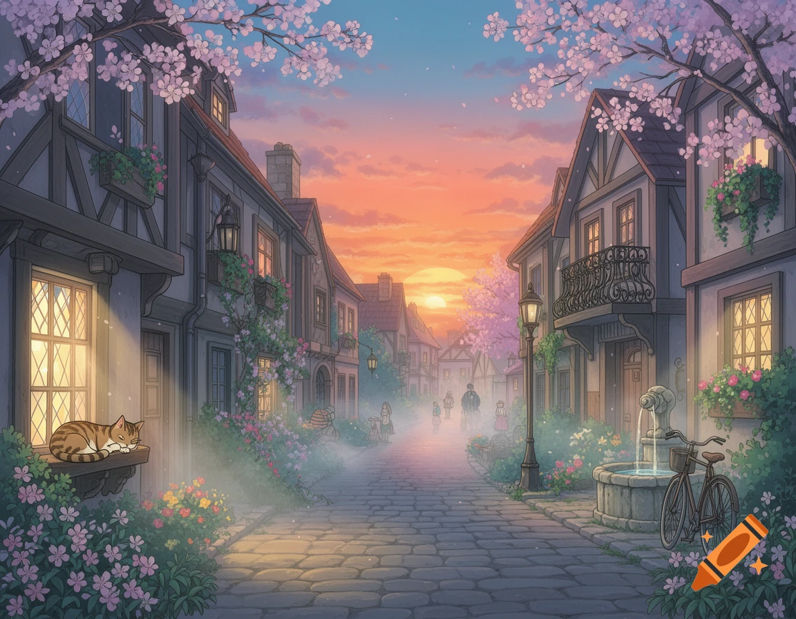 A charming Ghibli-style town street at sunrise, with cherry blossoms, old buildings, a sleeping cat, a fountain, and misty figures.