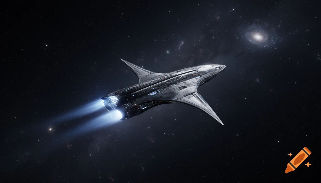 A sleek, futuristic silver spaceship flies through dark outer space, its blue engines glowing, with stars and a distant spiral galaxy.