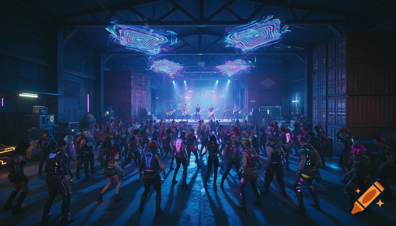 A vibrant cyberpunk punk rock party in a warehouse, with a band performing on stage and a large crowd dancing under deep blue neon lights.