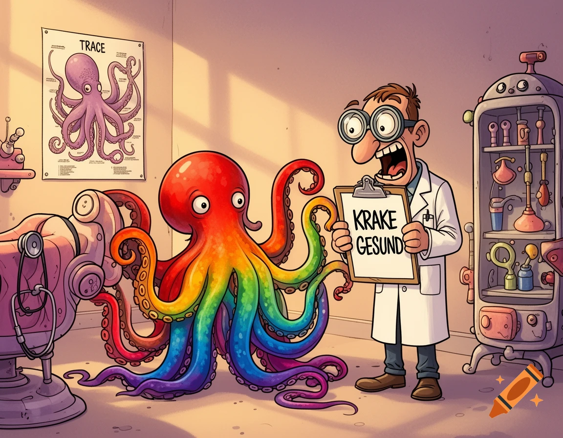 A surprised cartoon doctor holds a clipboard next to a vibrant rainbow octopus in a medical office, an octopus anatomy chart on the wall.