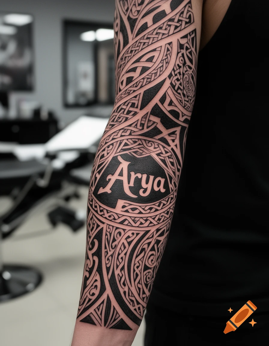 Close-up of a forearm with a detailed black tribal Maori tattoo sleeve featuring the name 'Arya' in negative space.