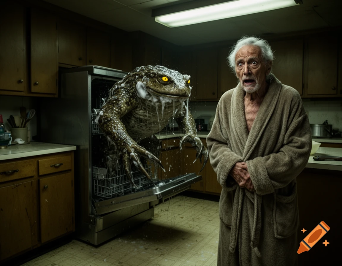 Photorealistic image of a slimy toad-like monster emerging from a dishwasher, terrifying an old man in a bathrobe in a dimly lit kitchen.