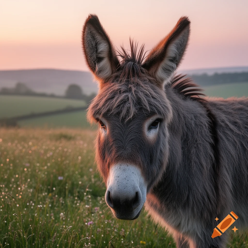 A close-up, photorealistic portrait of a fluffy donkey with large ears in a dewy, grassy field at sunrise, with rolling hills in the background.