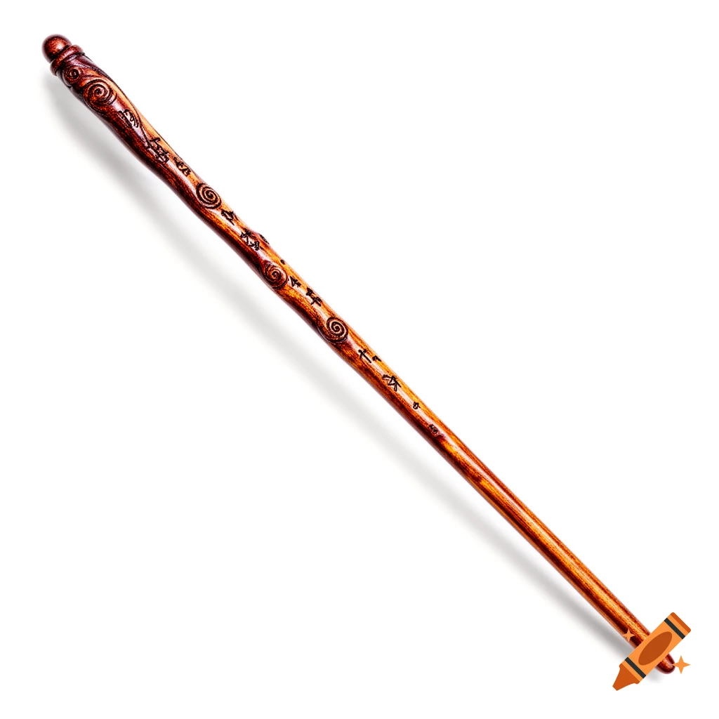 A slender, polished wooden wand with carved mystical symbols against a white background.