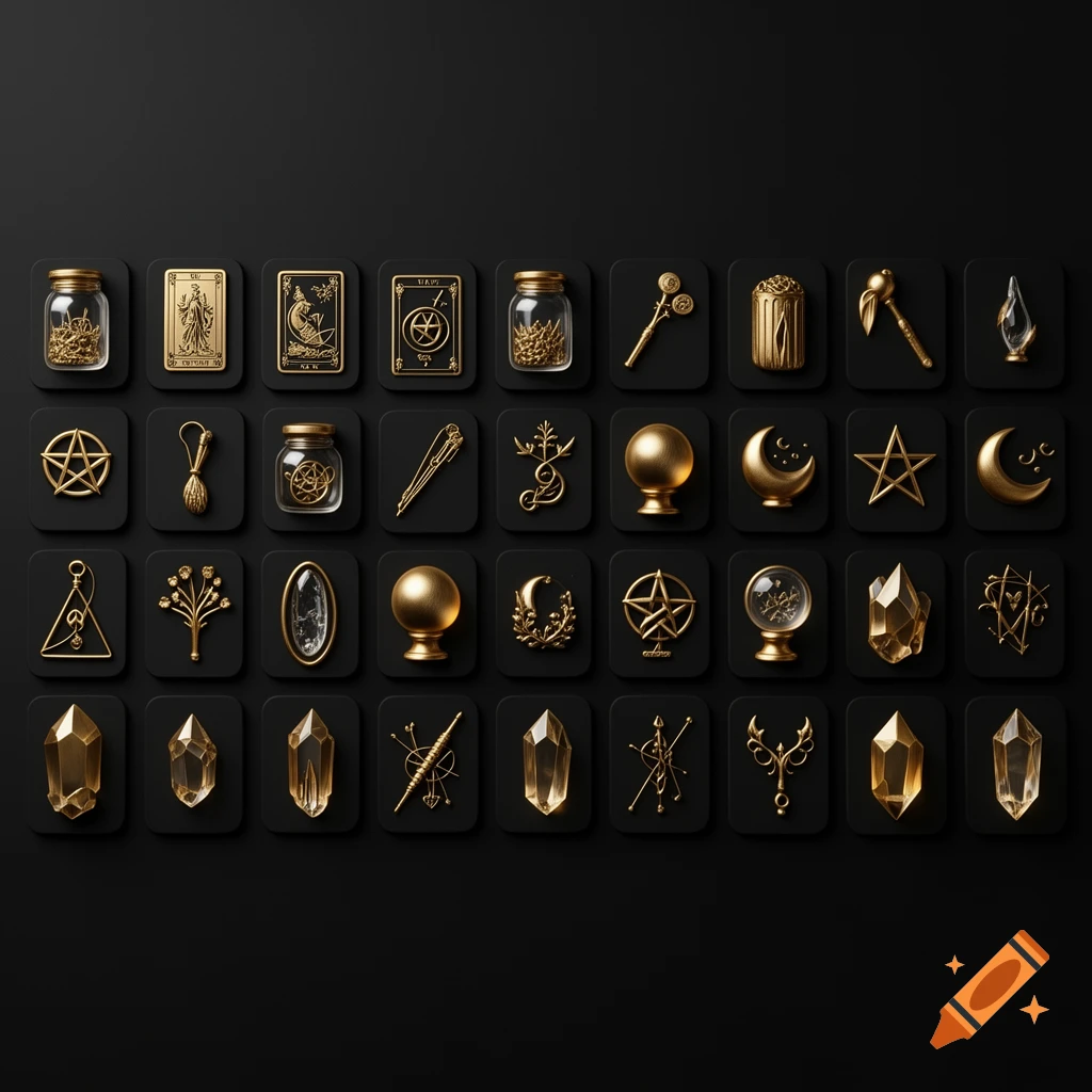 A grid of gold 3D embossed witchcraft and occult symbols on a matte black background, including tarot cards, pentagrams, crystals, moons, and spell jars.