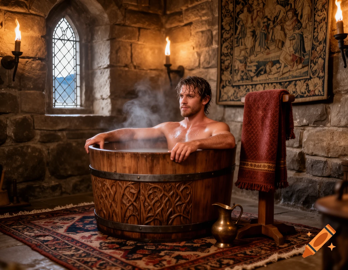 A man relaxes in a wooden tub in a medieval castle room with stone walls, torches, and a tapestry.