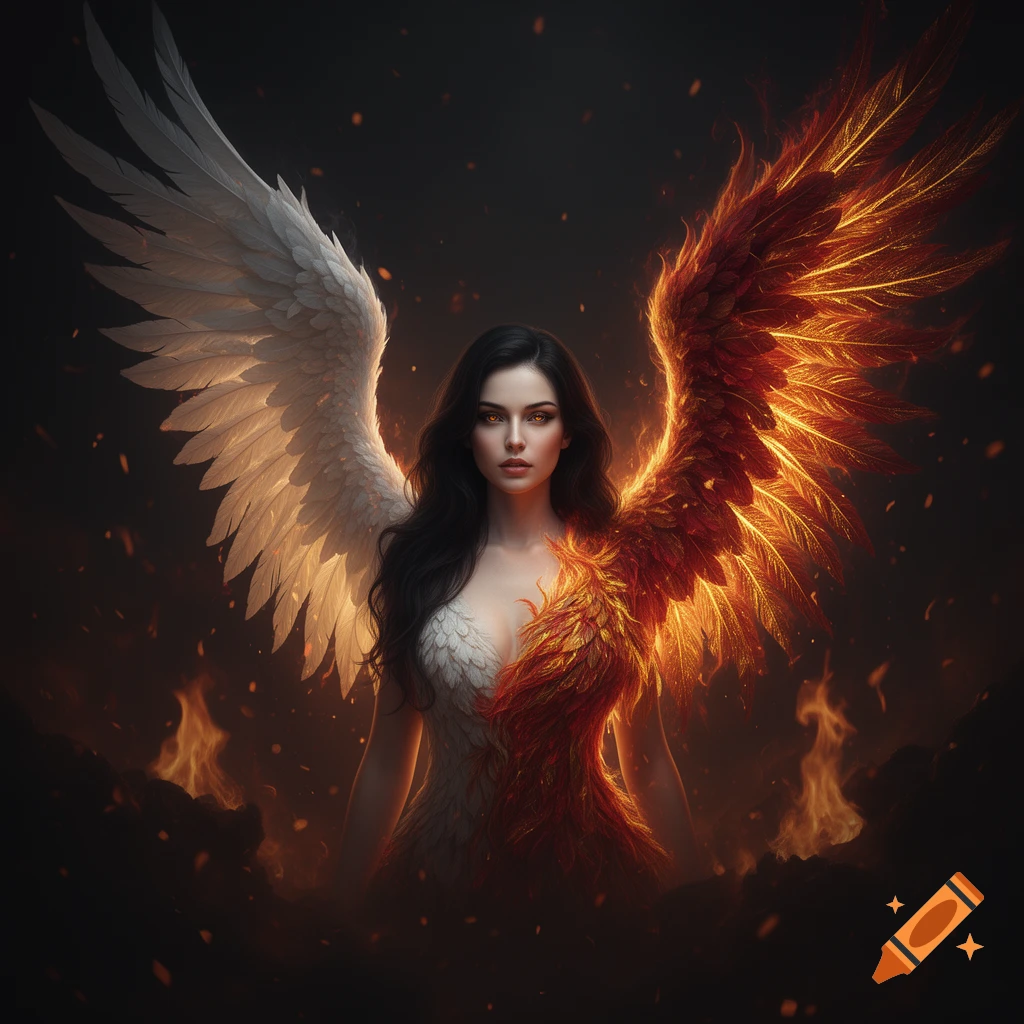 A photorealistic depiction of a dark-haired woman with one white angel wing and one fiery phoenix wing, against a dark background with embers.