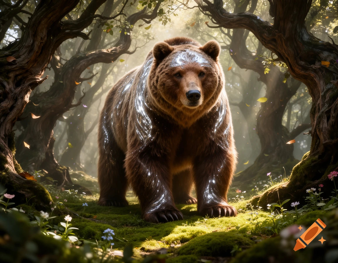 A majestic brown bear with glowing silver patterns on its fur stands in a mystical, sunlit forest with mossy ground and ancient trees, bathed in golden light.