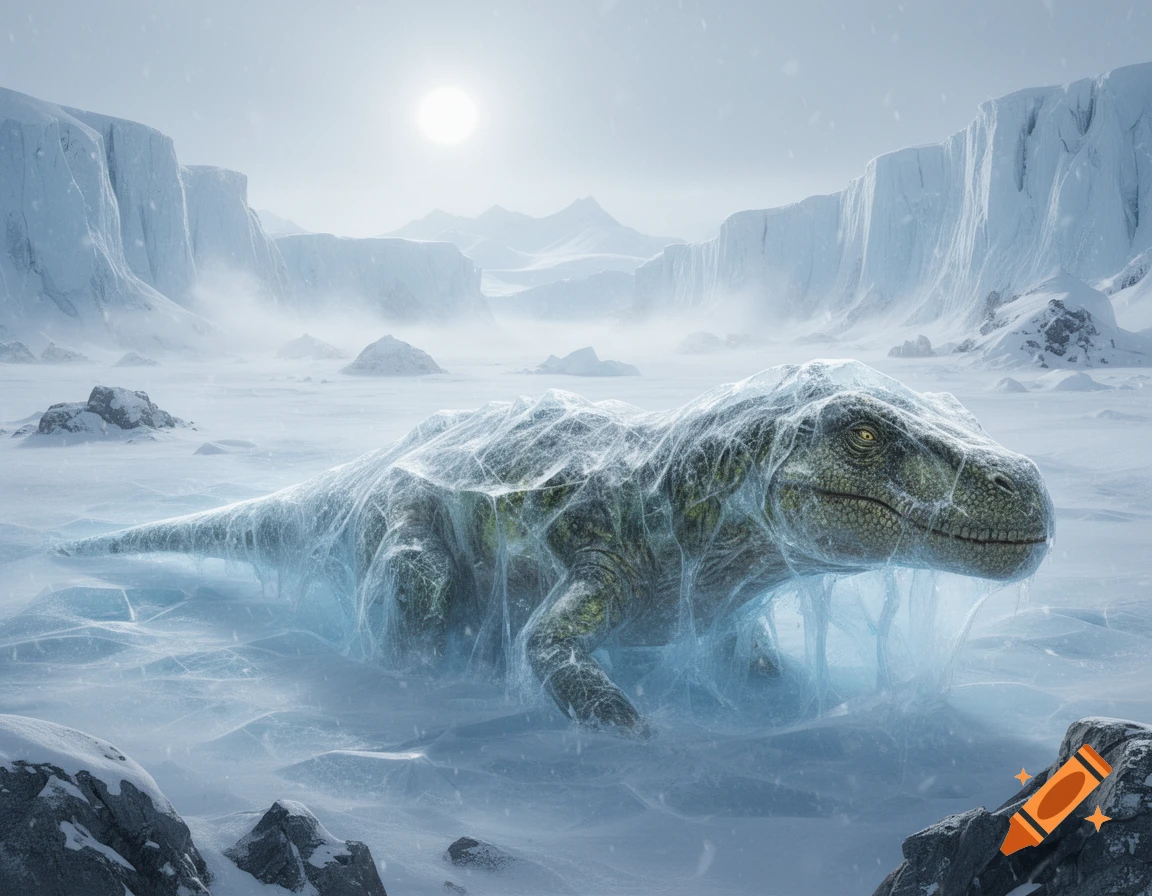 A large green dinosaur is frozen in ice in a vast, desolate arctic landscape under a bright sun.