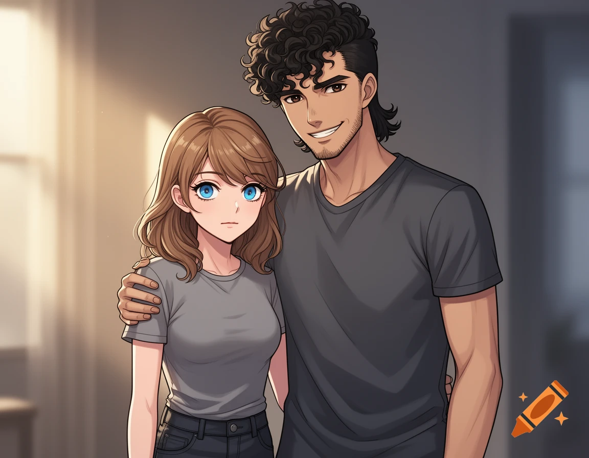 Semi-realistic anime illustration of a young man with curly hair hugging a woman with brown hair, both in grey t-shirts.