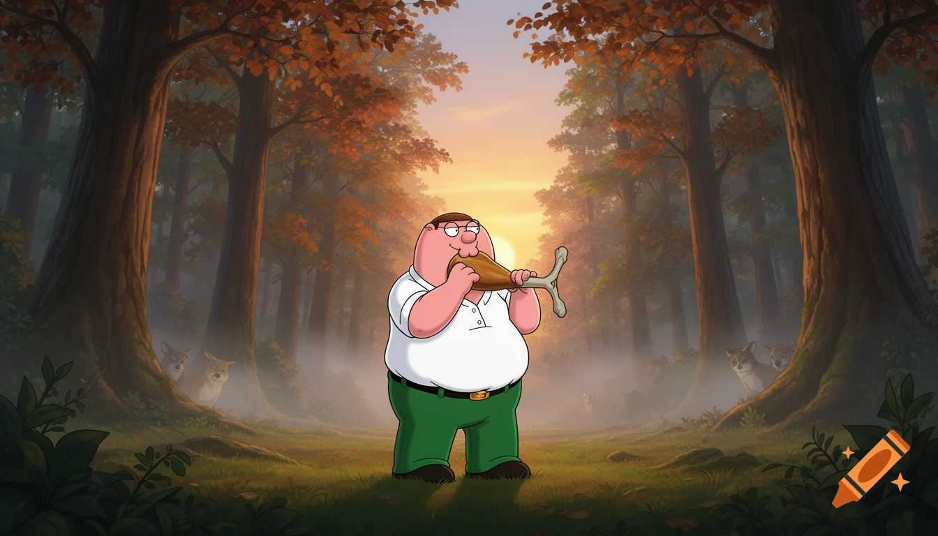 Peter Griffin eating a large drumstick in a misty autumn forest, with small animals watching from behind trees.