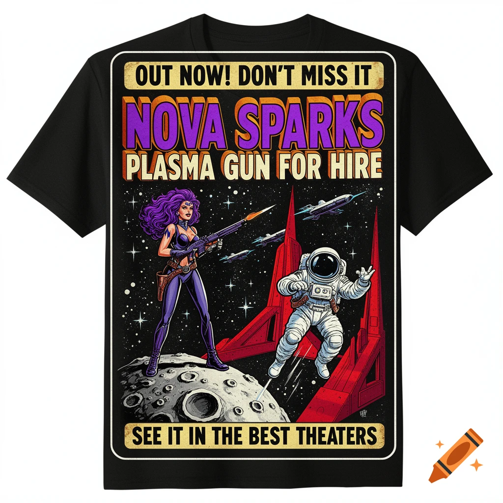 Retro sci-fi movie poster design on a black t-shirt featuring a purple-haired space lady with a gun on a moon and an astronaut near red alien structures, with text.