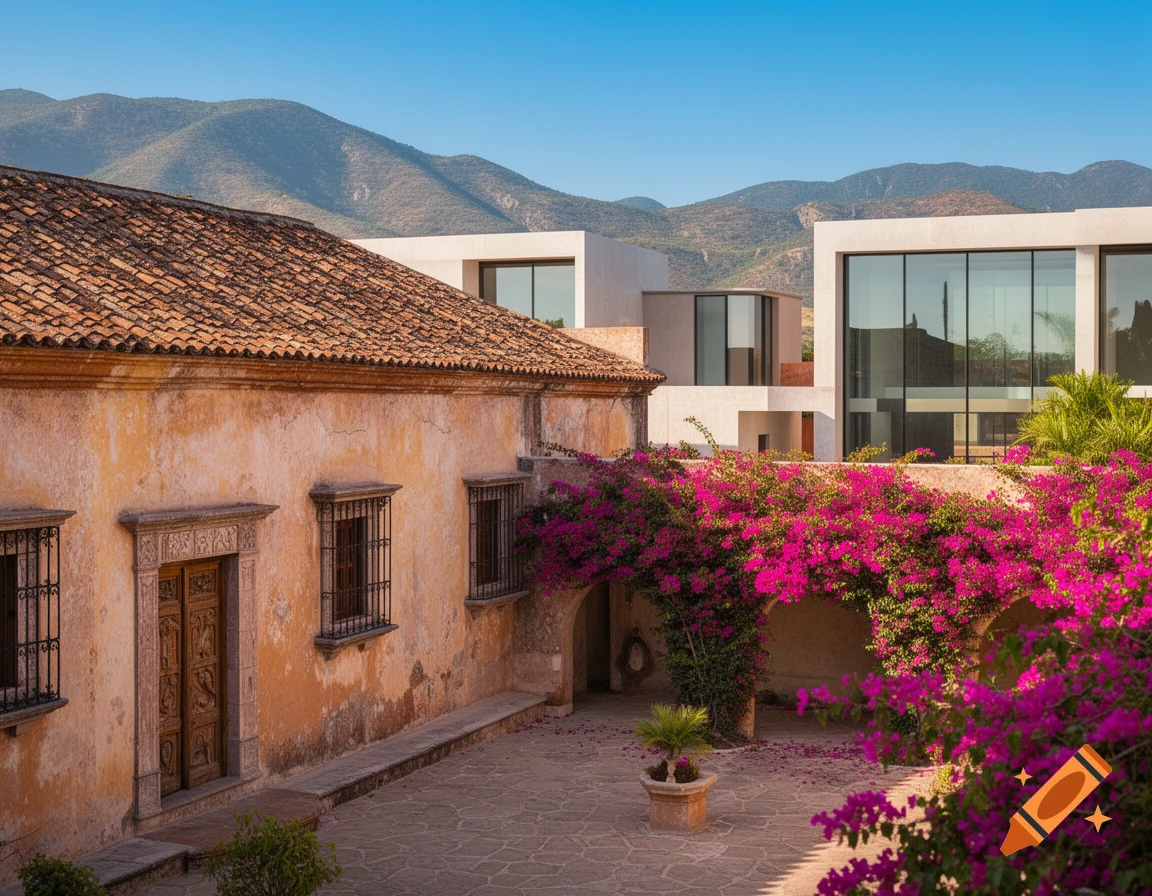 A vibrant bougainvillea vine grows on an old, faded hacienda, contrasting with modern white buildings and mountains under a clear sky.