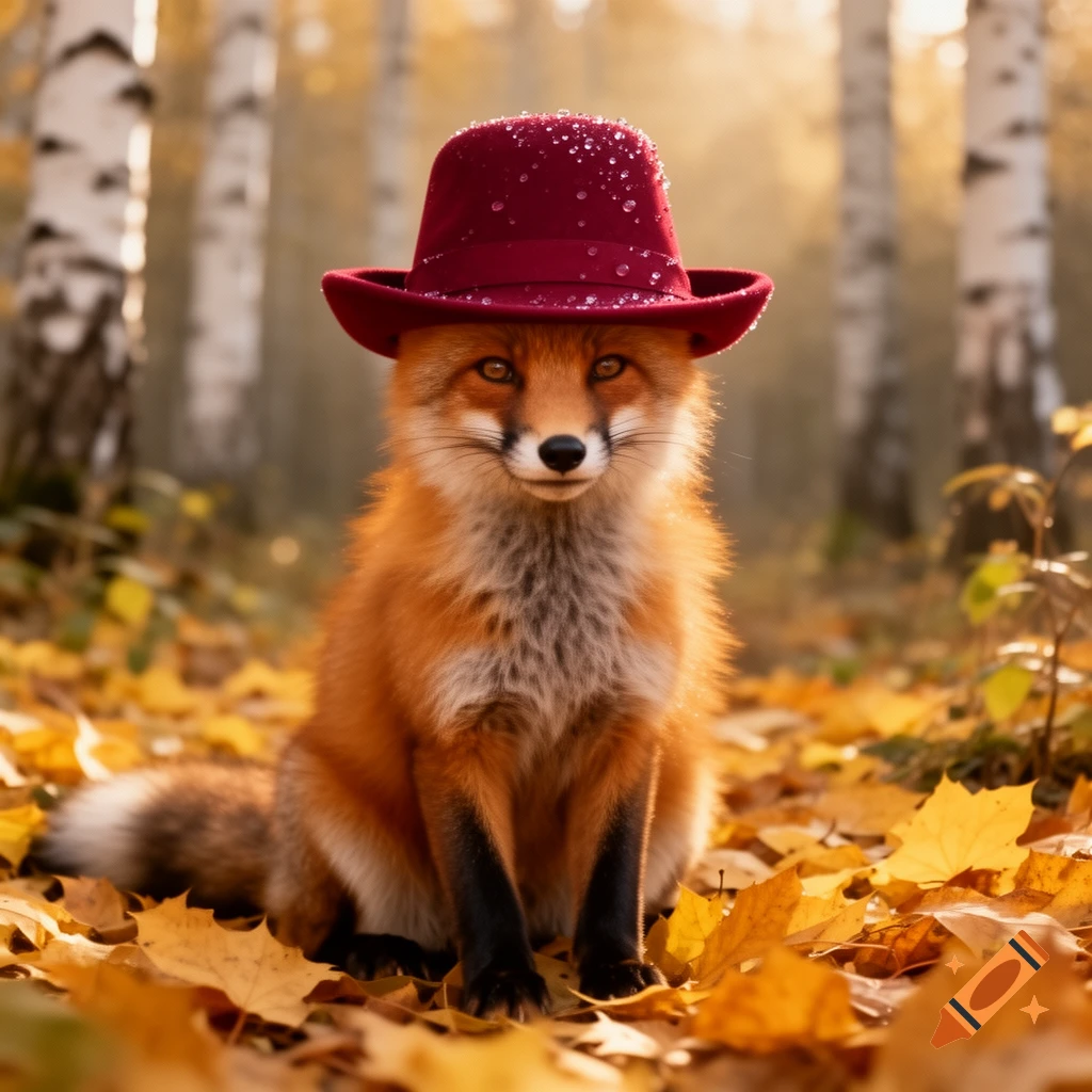 A photorealistic red fox wearing a red hat with water droplets sits among golden autumn leaves in a birch forest.