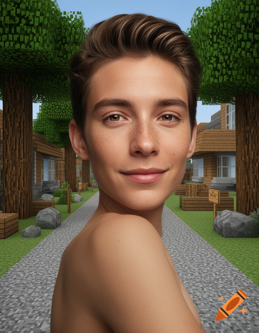 A young man with brown hair and freckles looks over his shoulder and smiles, with a pixelated Minecraft village and trees in the background.