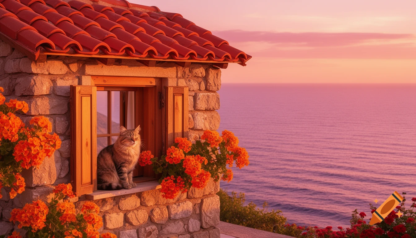 A tabby cat sits on the windowsill of a stone house with orange flowers, overlooking a purple and pink sunset ocean.