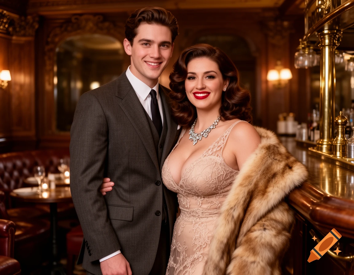 A smiling couple dressed in 1940s vintage fashion stands in a dimly lit, ornate bar.