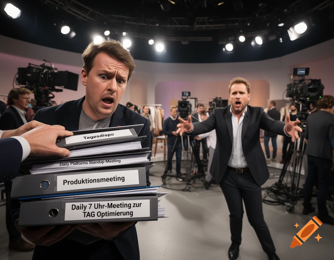 A stressed man carries binders in a TV studio while another man gesticulates angrily in the background.