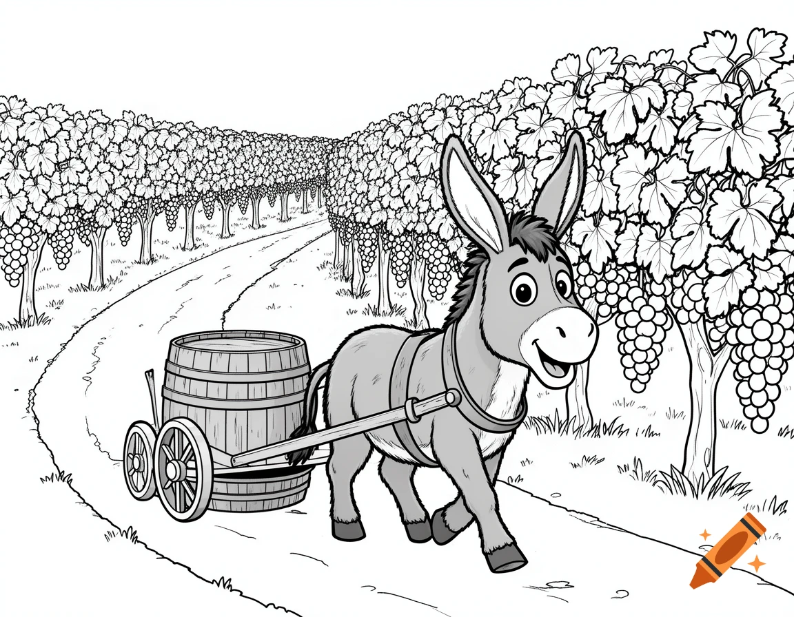 A cute cartoon donkey pulls a wooden barrel on wheels down a path through a vineyard in a black and white coloring book style.