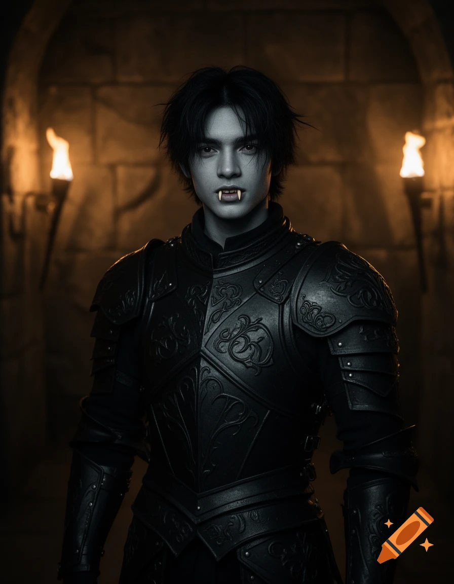 A photorealistic image of a young man with black hair, grey skin, and fangs, wearing black armor in a dark castle with torchlight.