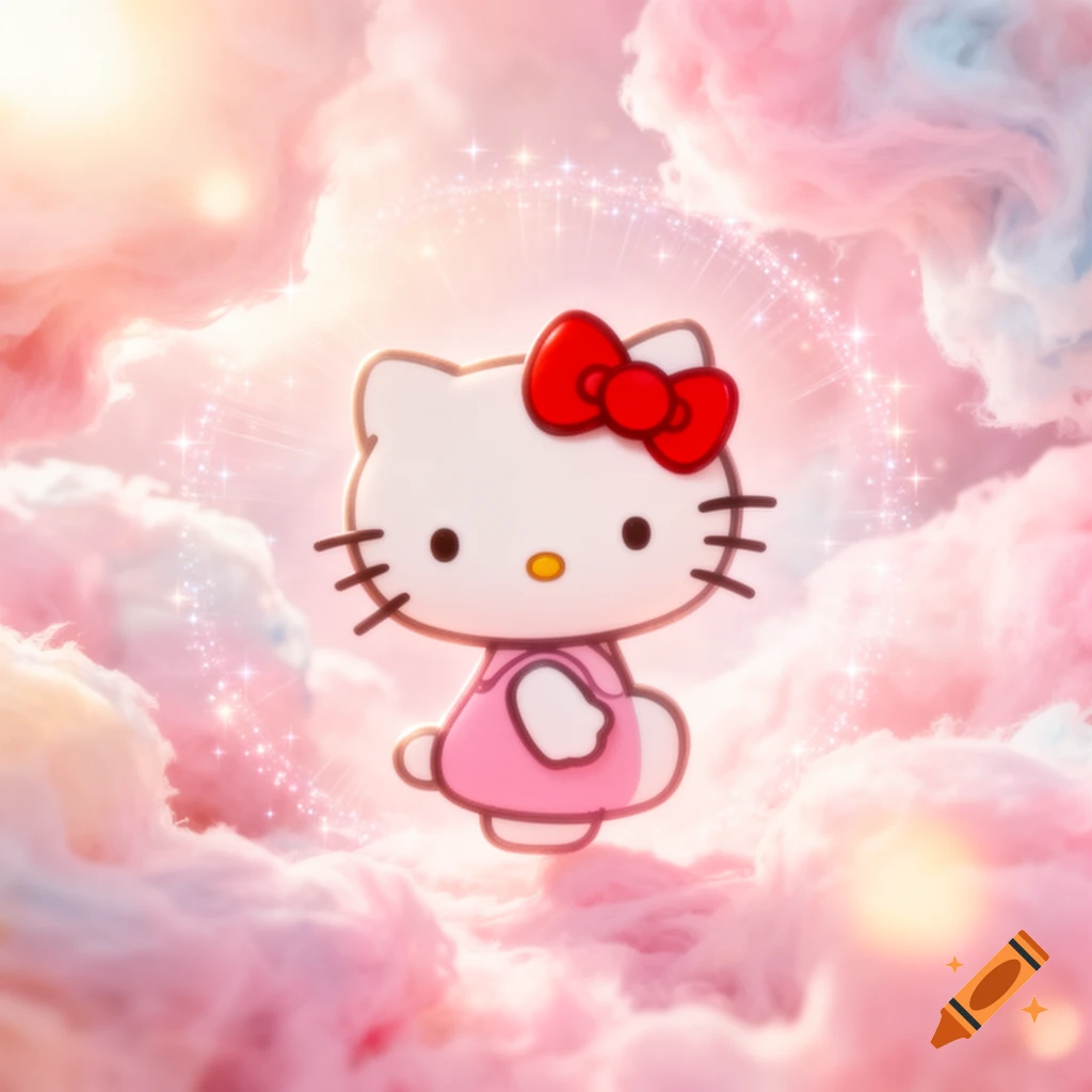 Hello Kitty floating amidst pink and white fluffy clouds with sparkling effects.