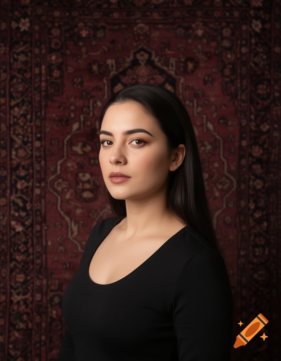 A photorealistic portrait of a woman with long dark hair and a black top, looking calmly at the camera against a rich red patterned rug background.