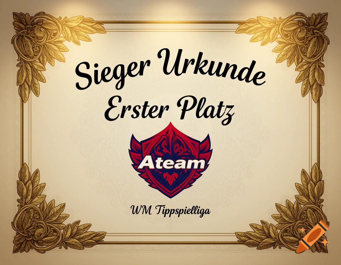 A decorative certificate with gold leaf corners, reading 'Sieger Urkunde Erster Platz WM Tippspielliga' and featuring an 'Ateam' logo.