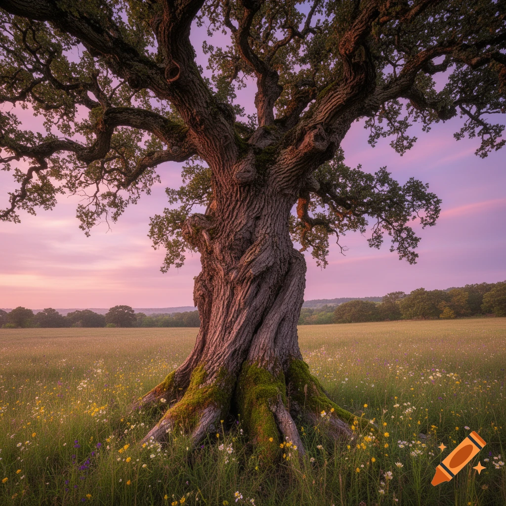 An ancient, gnarled tree with thick roots stands in a field of wildflowers under a pastel pink and purple sunset sky.