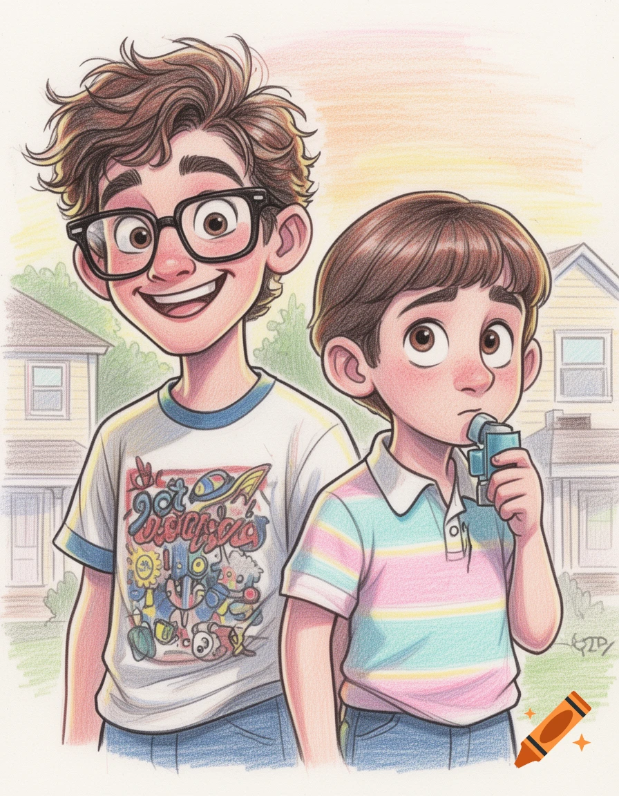 Cartoon illustration of two boys standing in a suburban neighborhood. One wears glasses and a 'Get Lost Losers' t-shirt; the other a striped polo.
