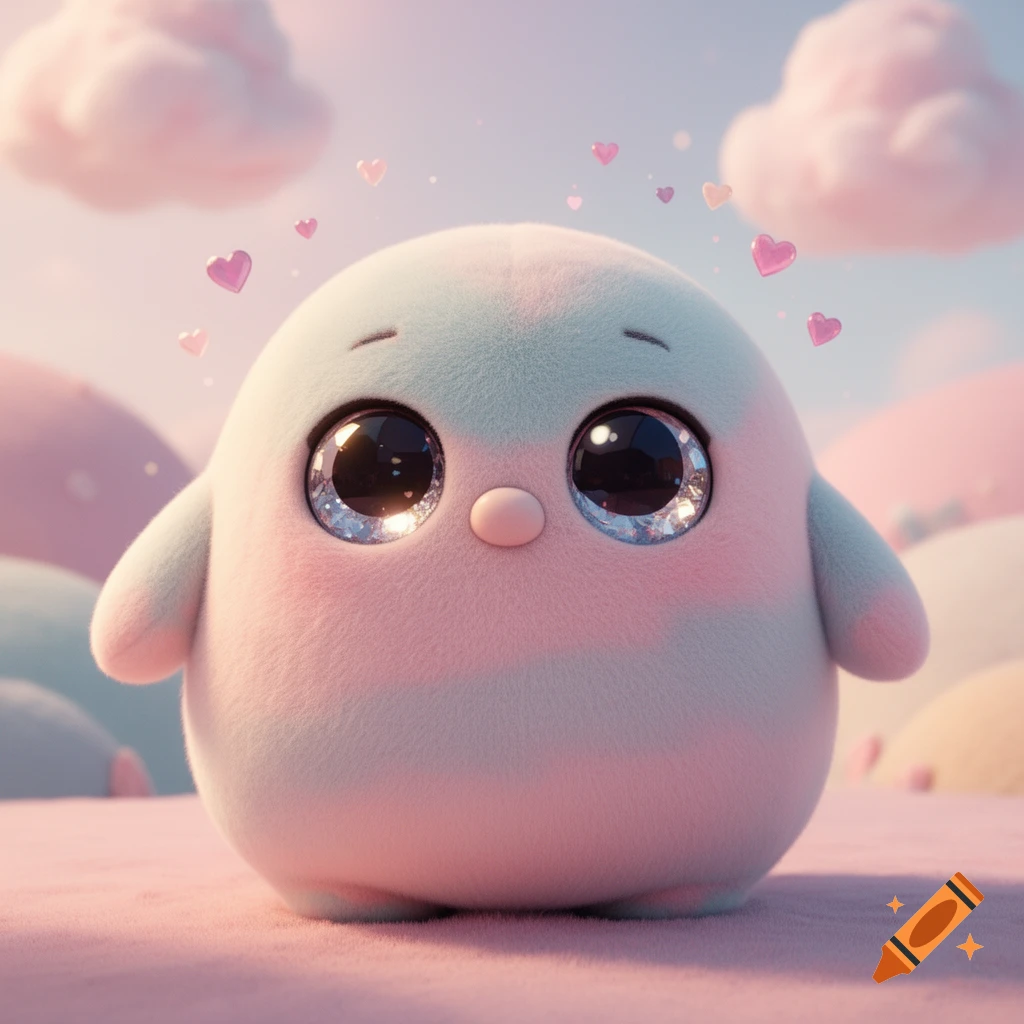 A cute, fluffy, pastel creature with large sparkling eyes stands in a dreamy landscape with floating hearts.