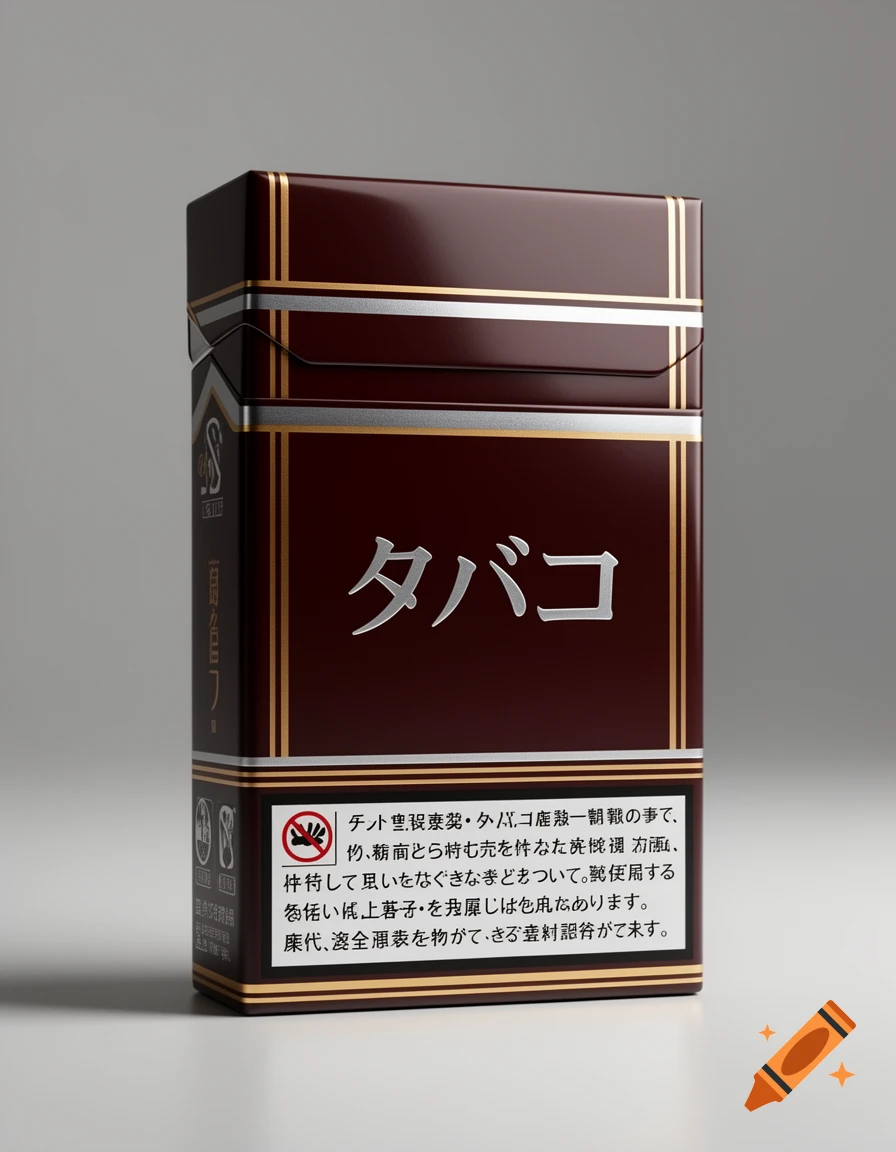Photorealistic close-up of a glossy brown and gold cigarette pack with Japanese text on a grey background.
