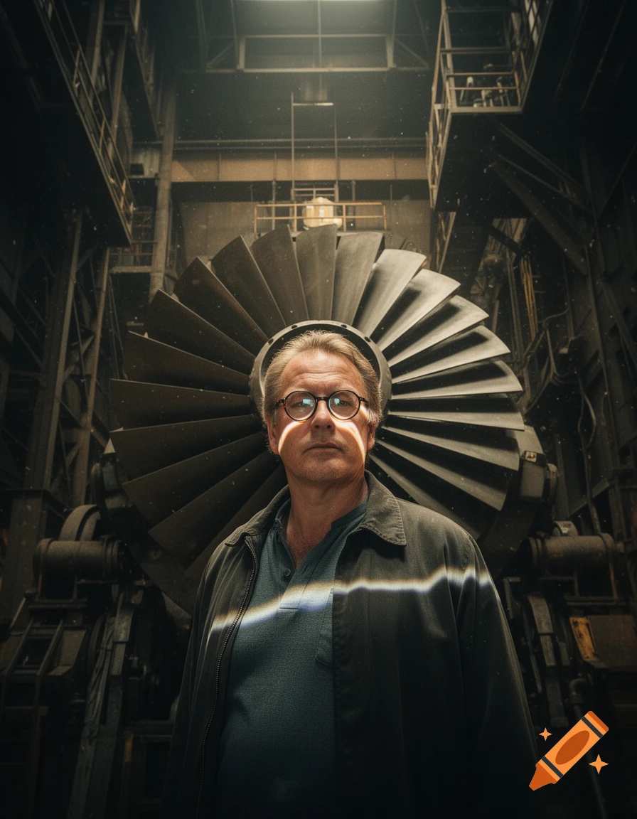 A man with glasses and a jacket stands in a dimly lit industrial setting with a large turbine rotor behind him.