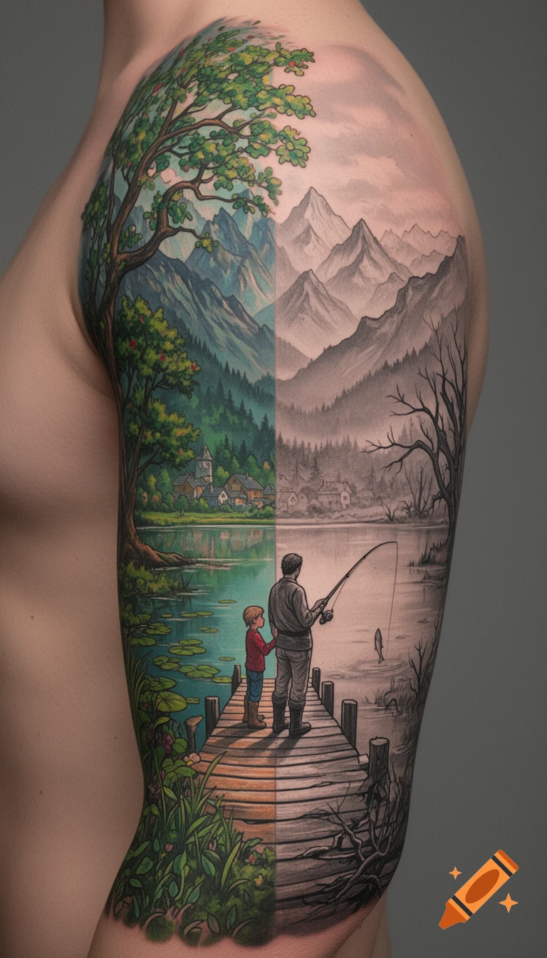 Vibrant and faded split landscape sleeve tattoo on an arm, featuring a father and child fishing from a dock.
