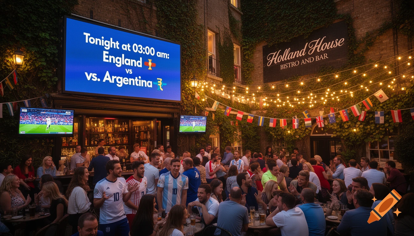 A crowded outdoor patio of Holland House Bistro and Bar at night, with a large screen showing "England vs. Argentina" and string lights. People are socializing and watching soccer.