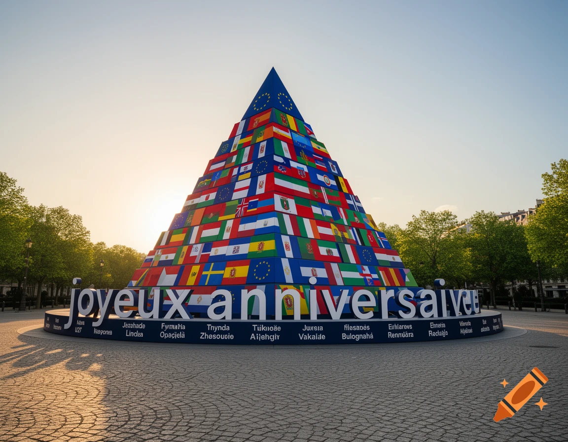 A large pyramid sculpture made of numerous European flags, with "Joyeux anniversaire" in white letters at its base, set in a sunny plaza.