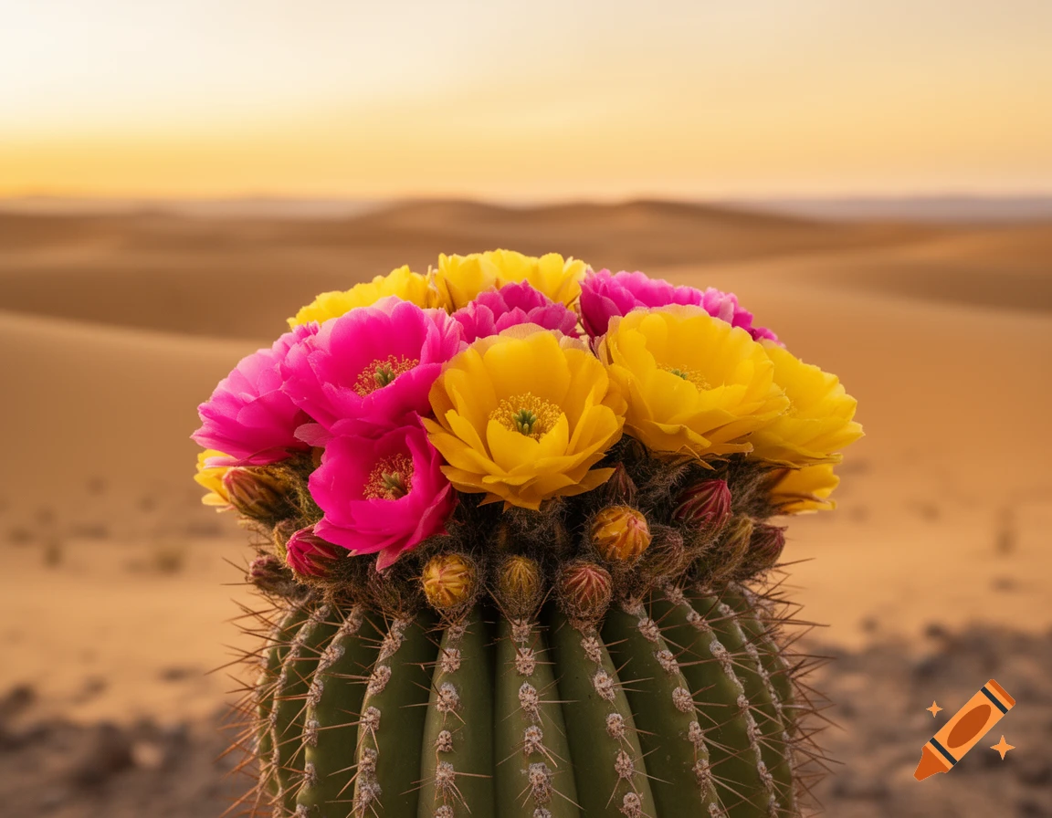 Photorealistic image of a green cactus topped with vibrant pink and yellow flowers against a desert sunset with sand dunes.