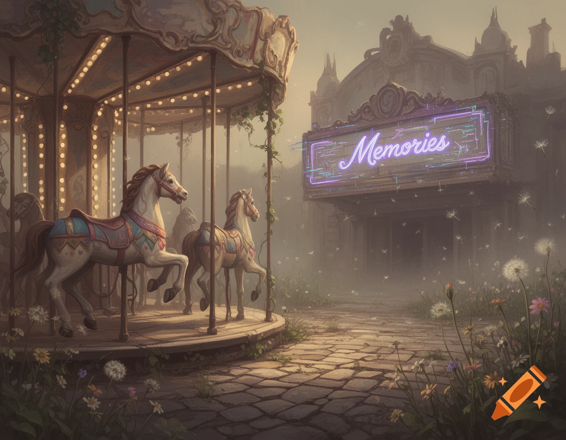 A misty, dreamcore scene with a vintage carousel in the foreground and an old building displaying a neon 'Memories' sign in the background, surrounded by wild flowers.