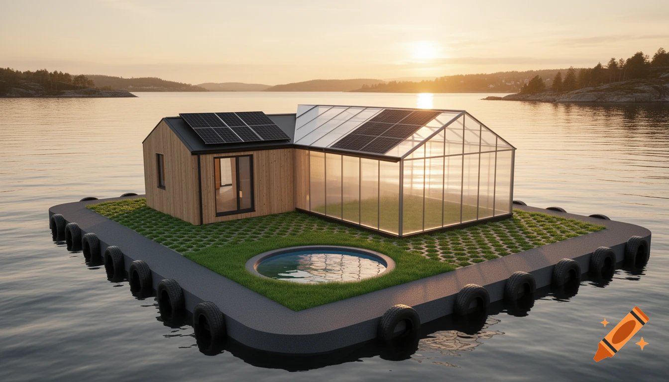 A photorealistic floating modern eco-island home with solar panels and a greenhouse on calm Nordic water during sunset.
