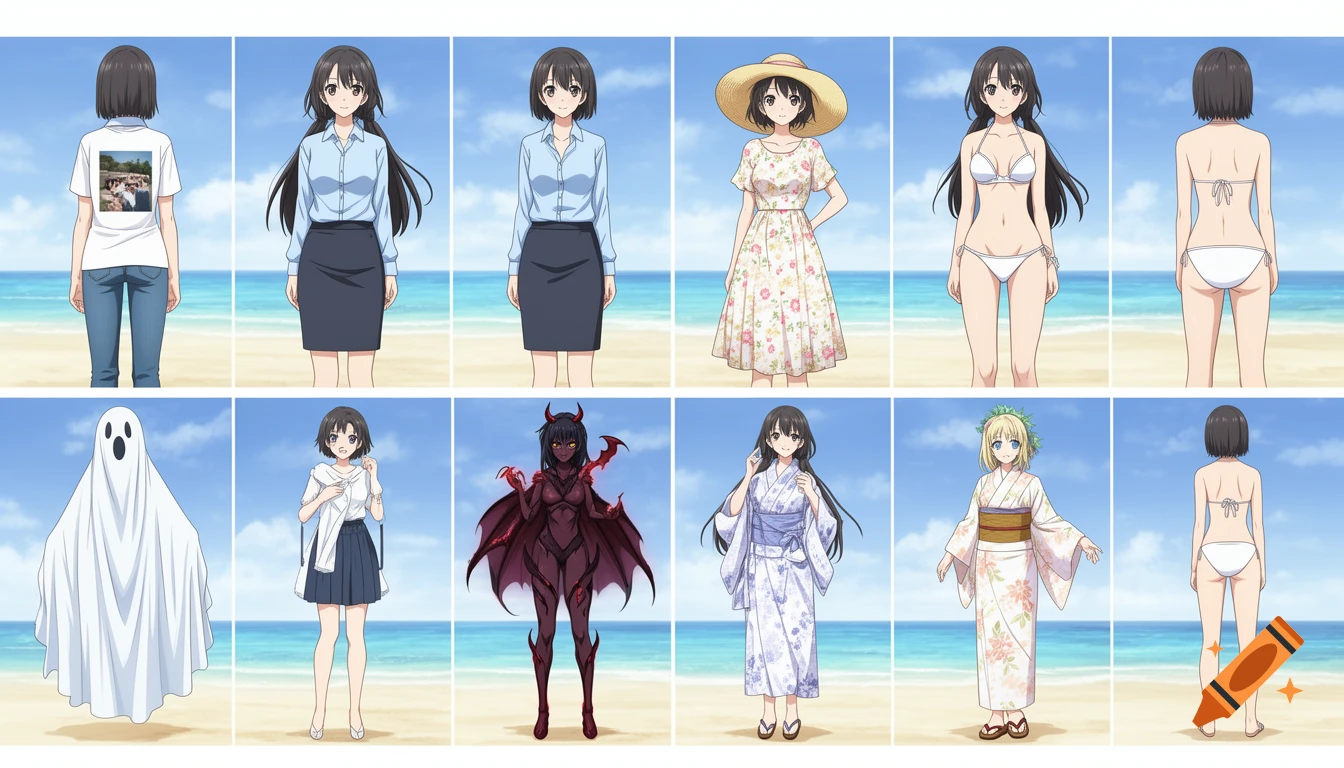 Grid of 14 anime-style illustrations of two women on a beach, showing front and back views in different outfits: casual, business, dress, bikini, ghost, devil, yukata.