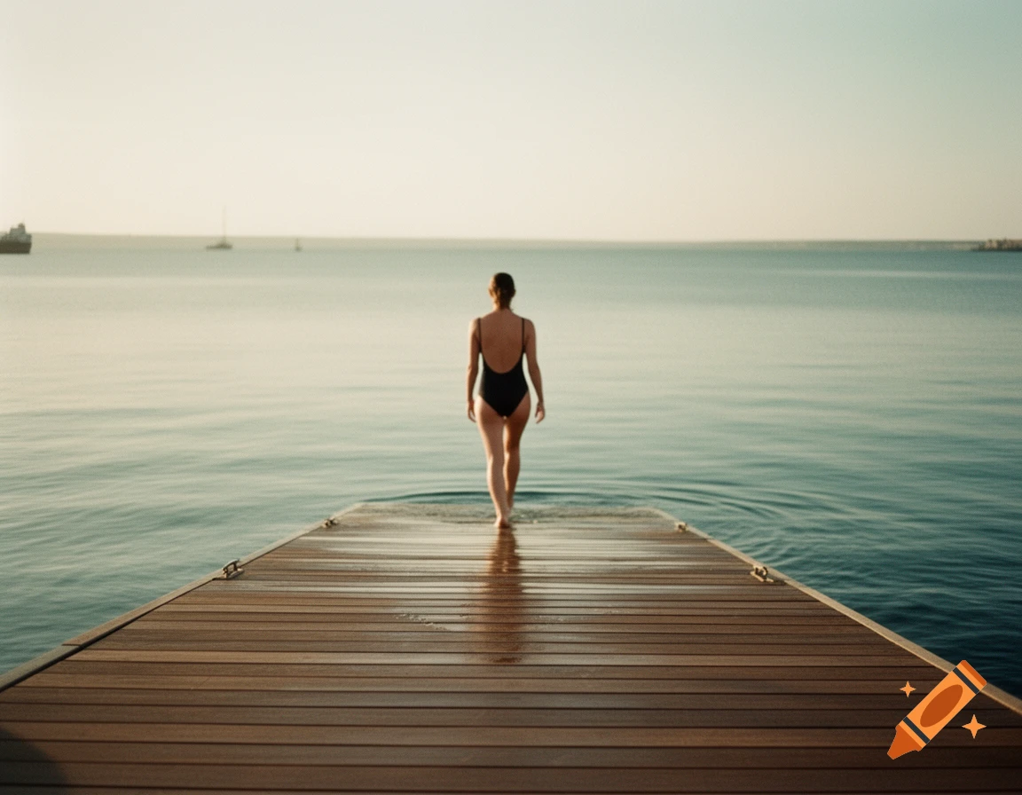 A woman in a black swimsuit walks on a wooden pier toward calm blue water at golden hour, film photography style.