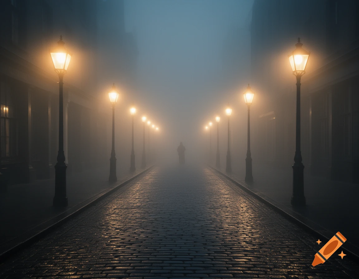 A foggy Victorian street with glowing gas lamps lining a wet cobblestone path, leading to a distant, shadowed silhouette.